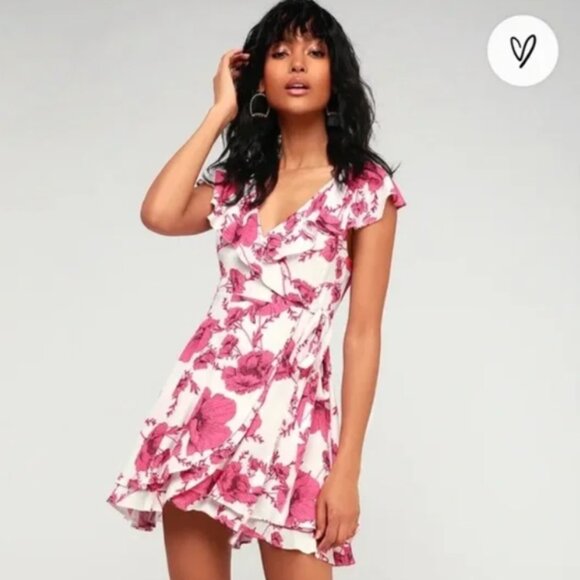 Free People French Quarter Floral Printed Mini Wrap Dress White Pink Size Small - Picture 1 of 7
